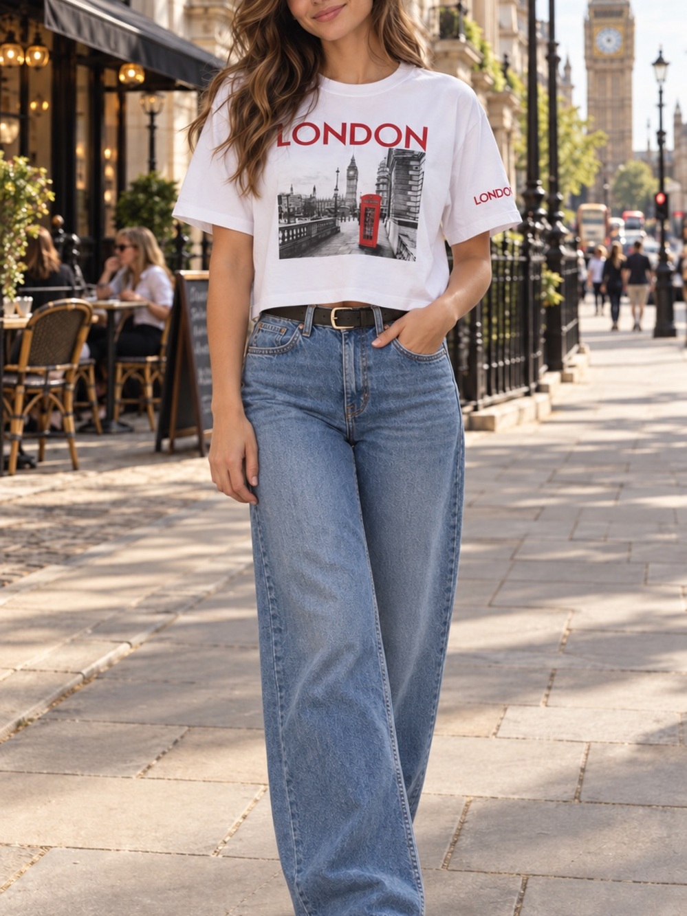 London Graphic Crop Tee in White with Red Accents